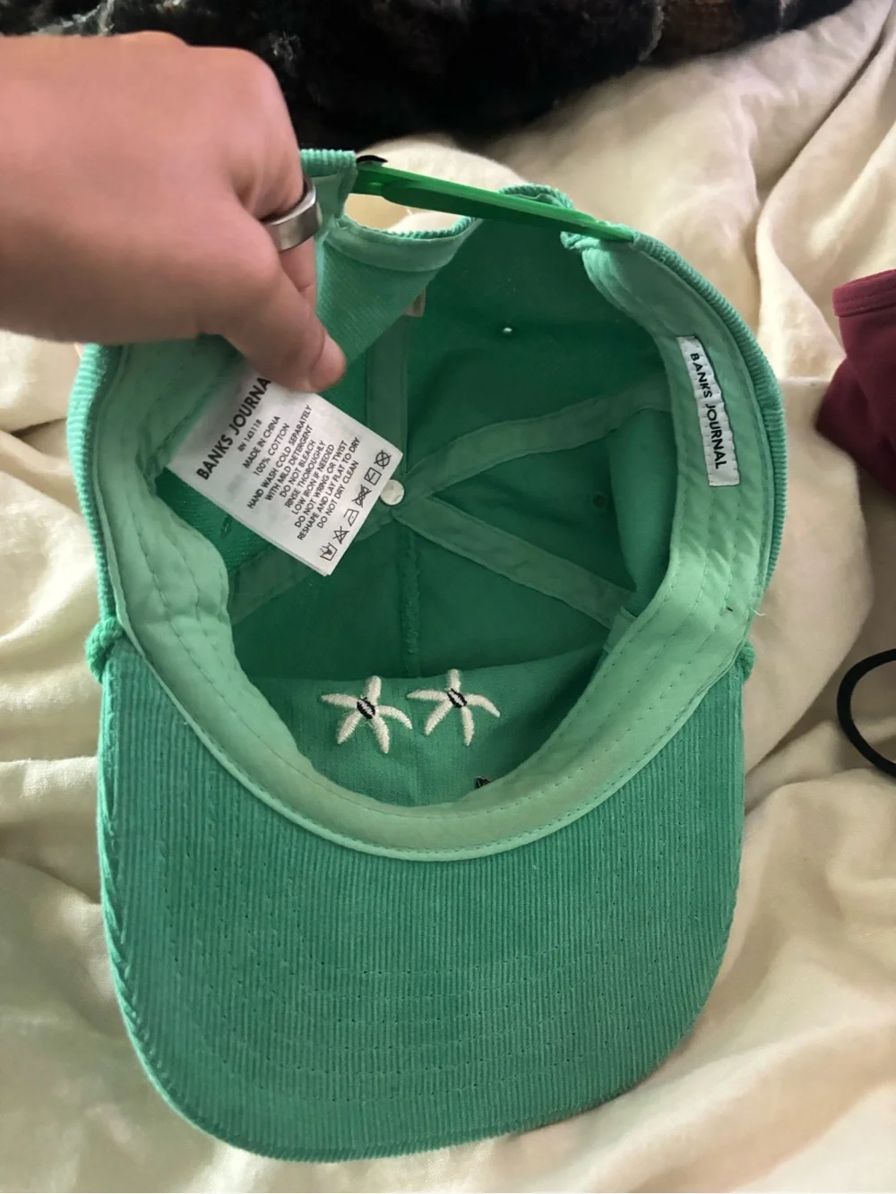 ' Teal Corduroy Cap with White Floral Embroidery